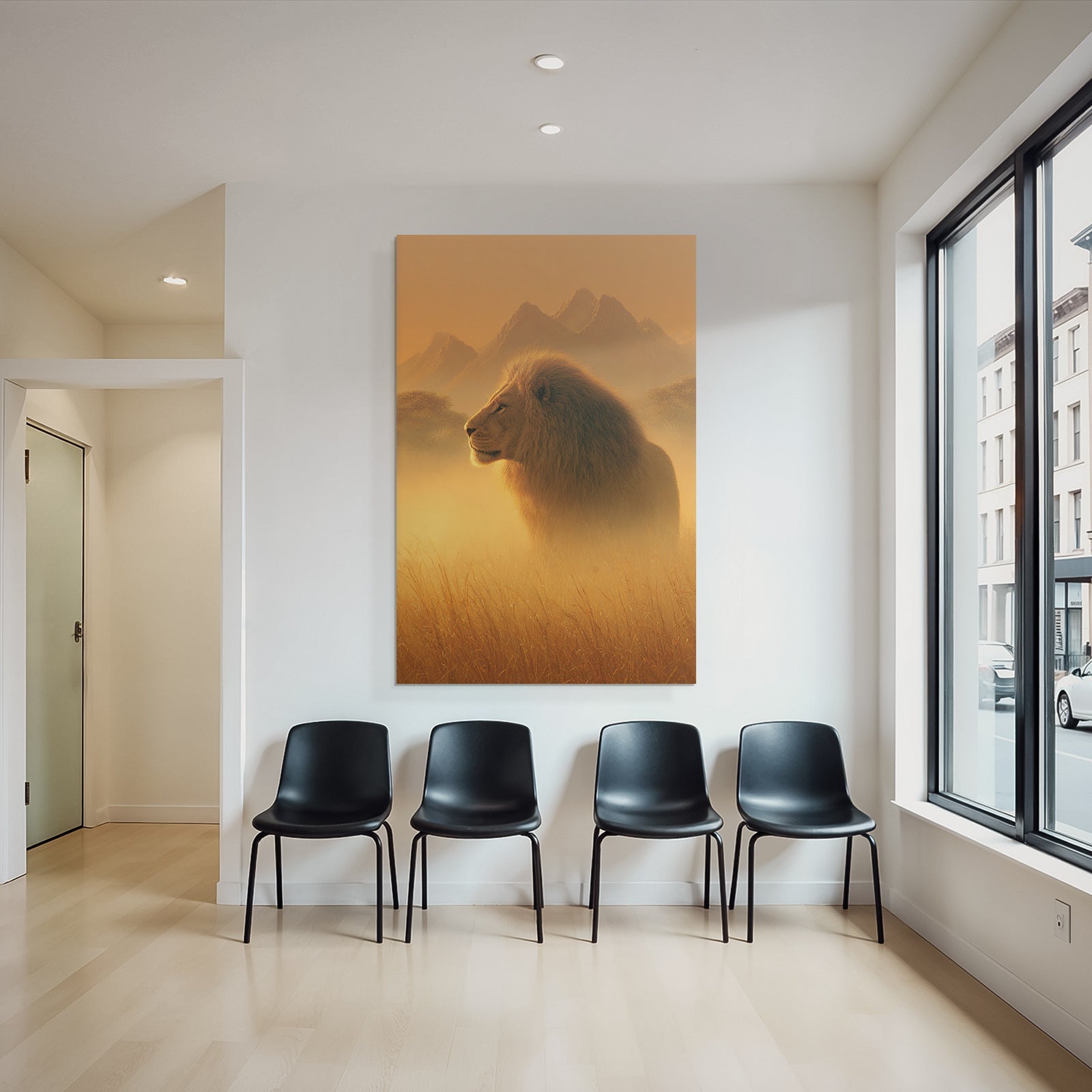 Löwe In Profil Goldene Misty Landscape Mit Bergen Hintergrund