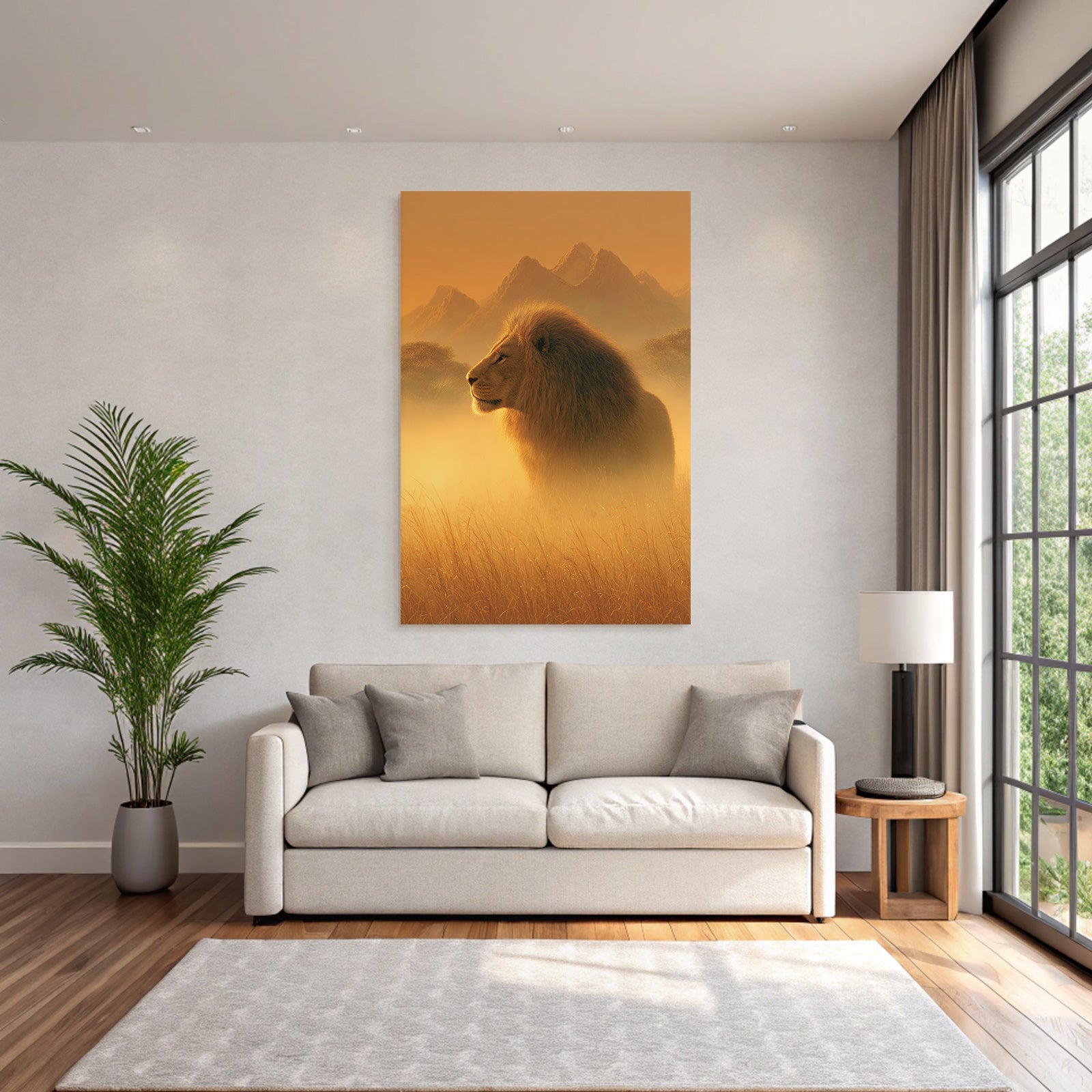 Löwe In Profil Goldene Misty Landscape Mit Bergen Hintergrund