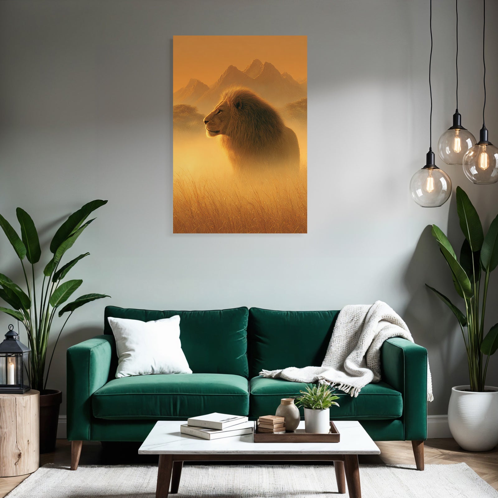 Löwe In Profil Goldene Misty Landscape Mit Bergen Hintergrund