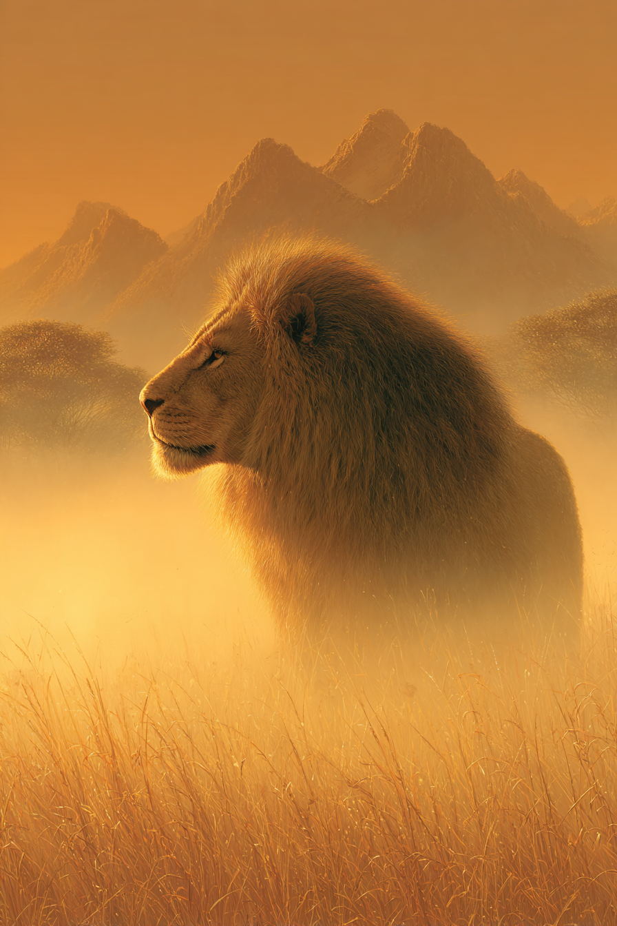 Löwe In Profil Goldene Misty Landscape Mit Bergen Hintergrund | Safari und Wildtiere | Tiere