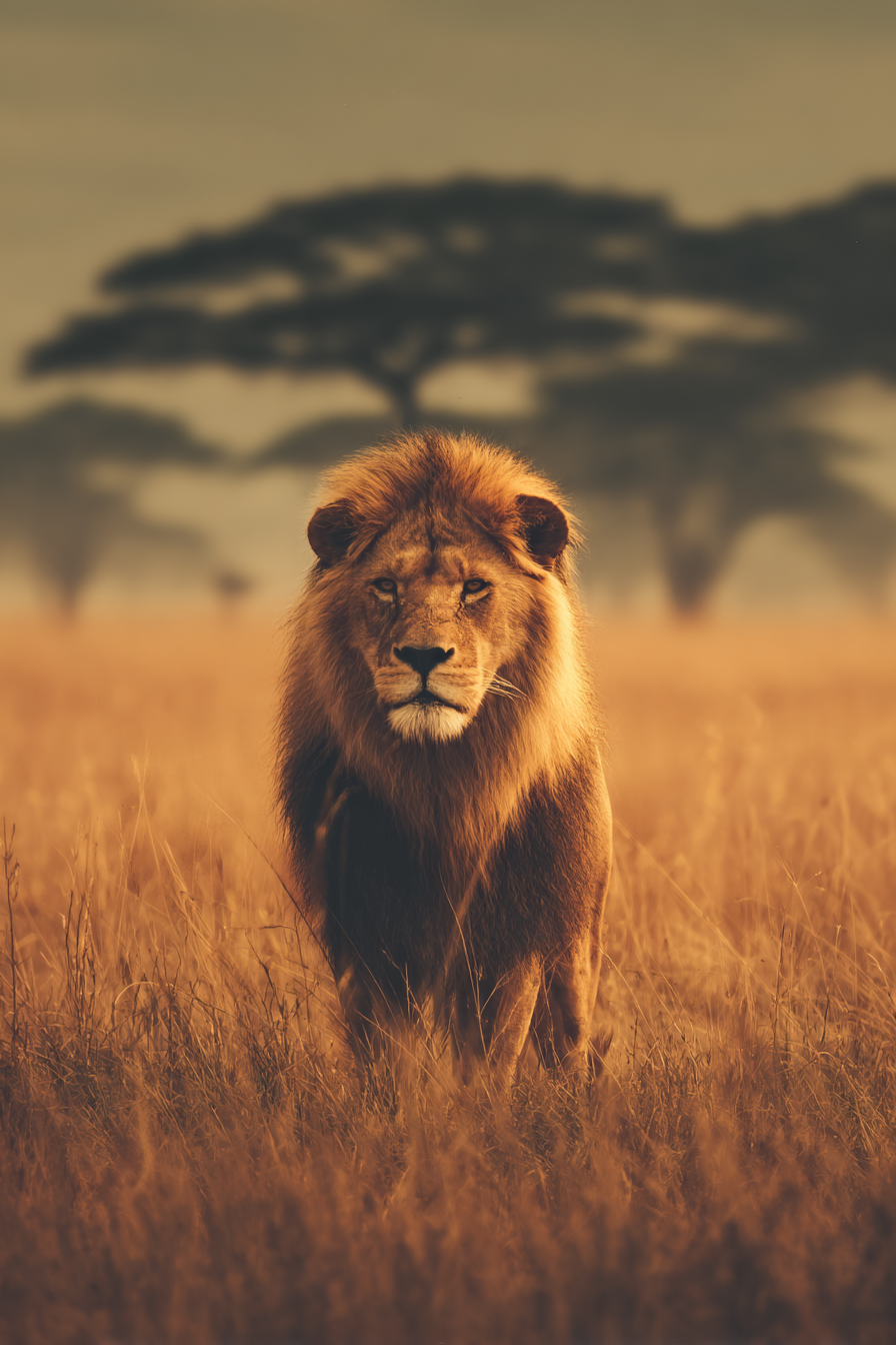 Löwen Im Grünen Feld Mit Bäumen Zur Sonnenaufgang Oder Unsichtbare Sonnenuntergang | Safari und Wildtiere | Tiere