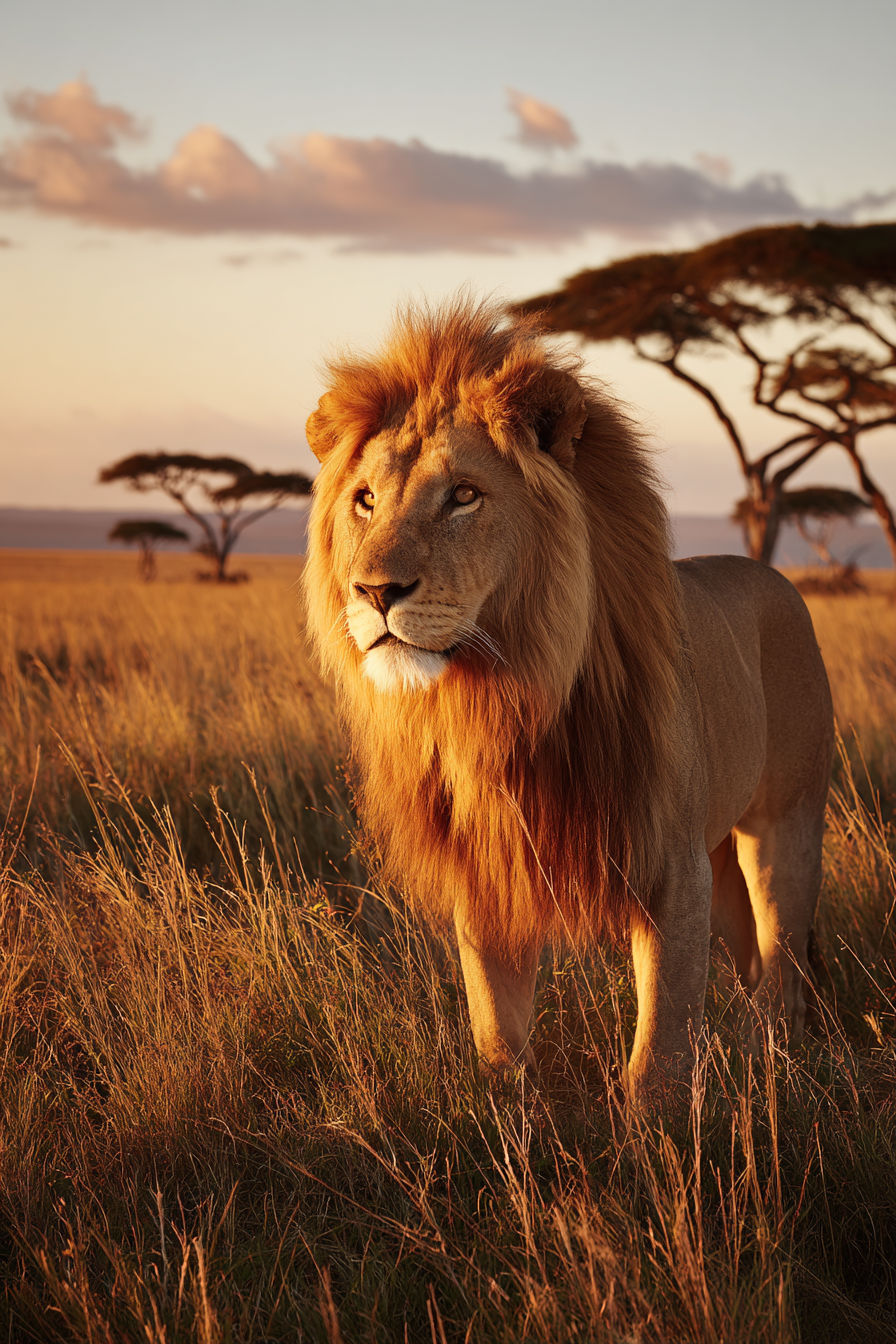 Majestätischer Löwe Im Grasland Beim Sonnenuntergang | Safari und Wildtiere | Tiere