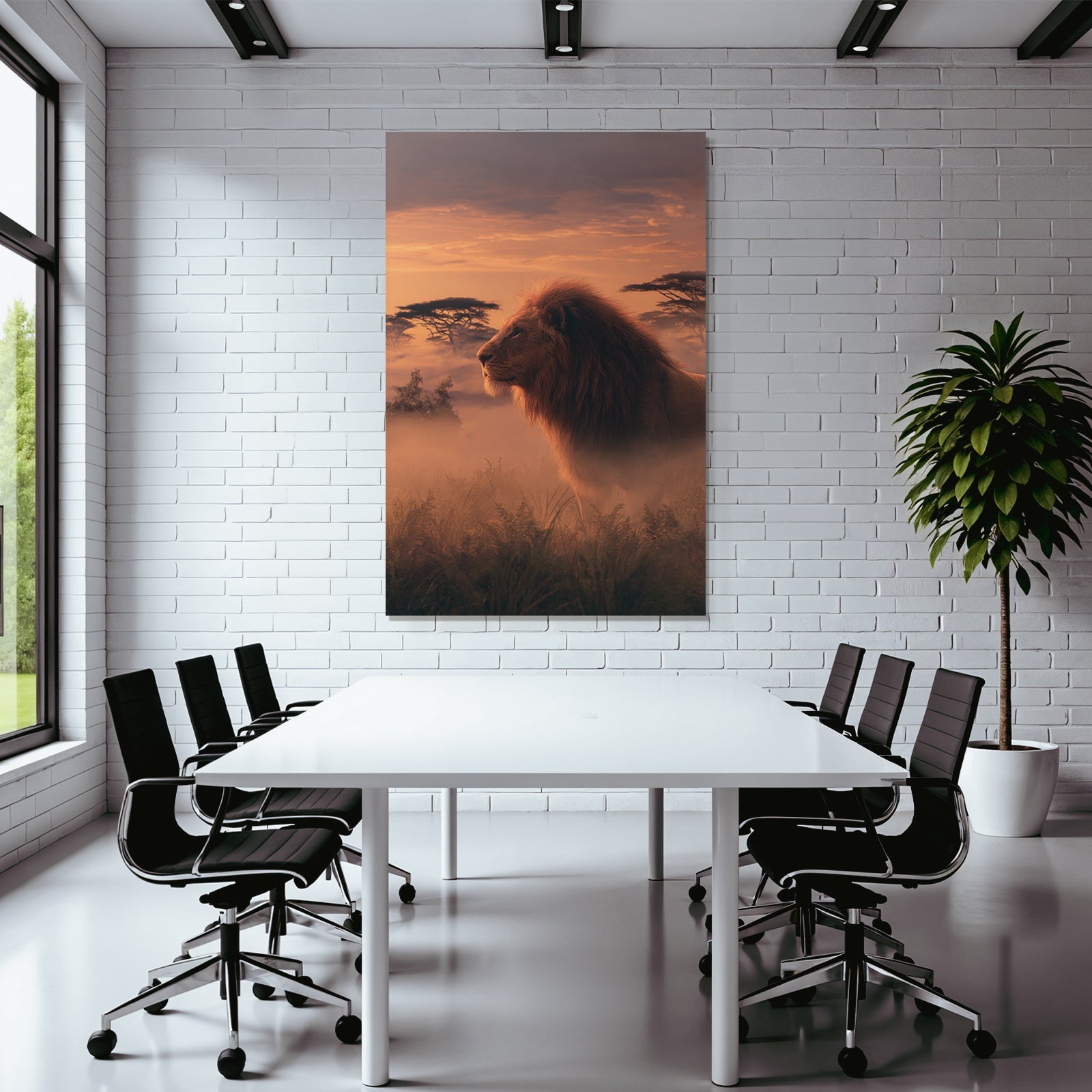 Majestätischer Löwe Im Nebligen Landschaft Bei Sonnenuntergang