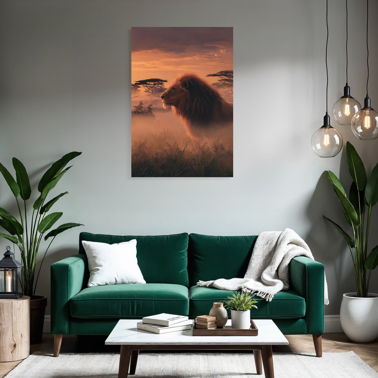Majestätischer Löwe Im Nebligen Landschaft Bei Sonnenuntergang