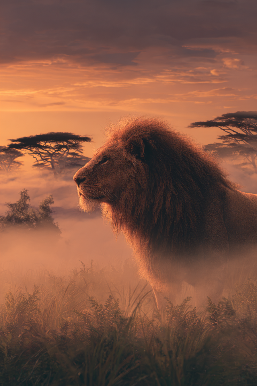 Majestätischer Löwe Im Nebligen Landschaft Bei Sonnenuntergang | Safari und Wildtiere | Tiere