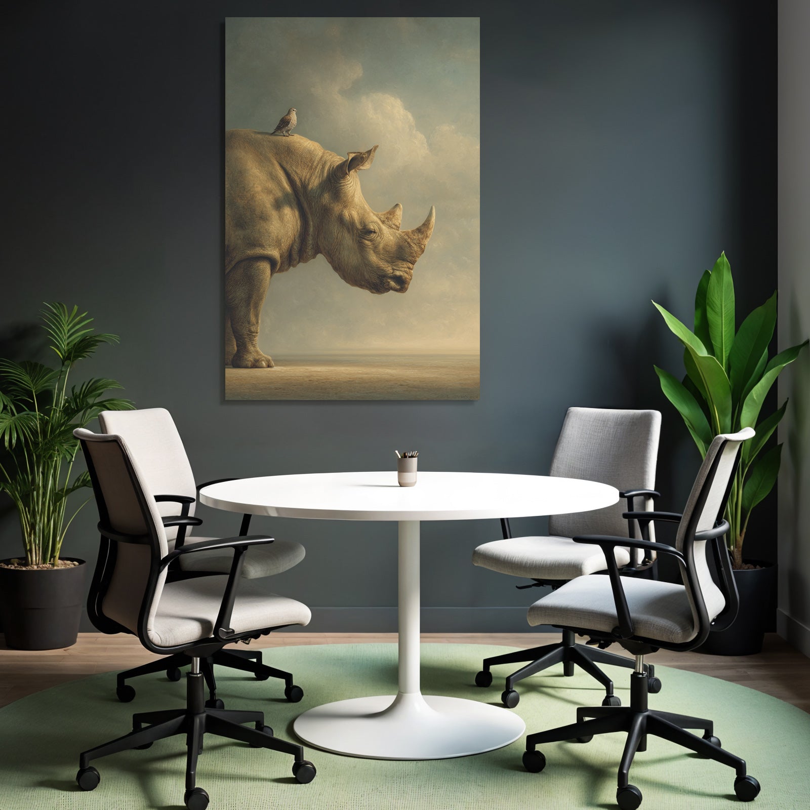 Nashorn Mit Vogel Im Himmel Künstlerischer Stil