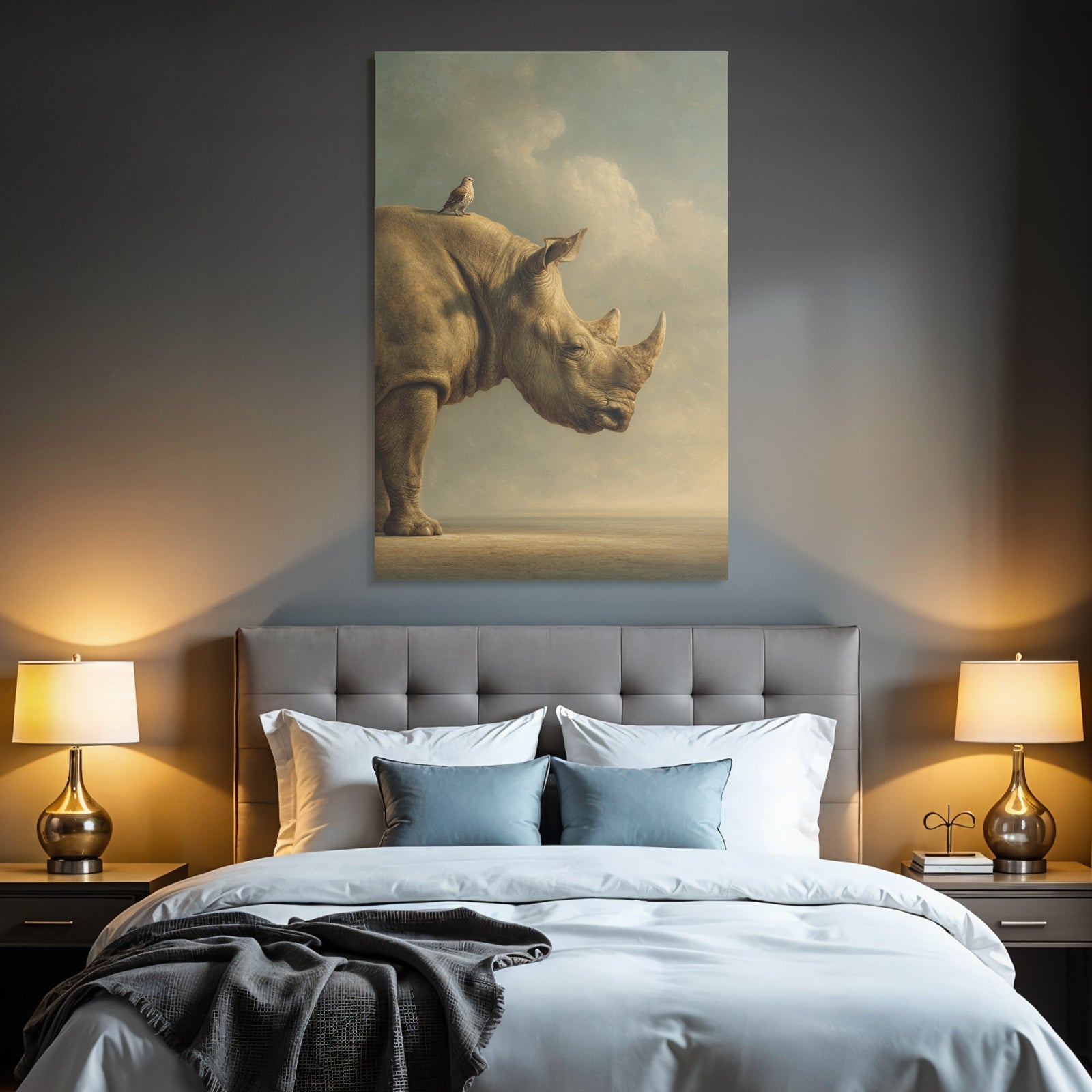 Nashorn Mit Vogel Im Himmel Künstlerischer Stil