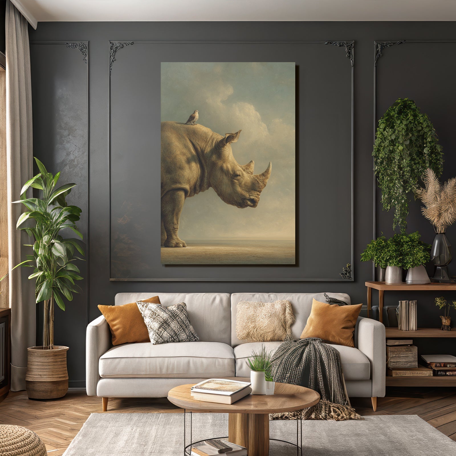 Nashorn Mit Vogel Im Himmel Künstlerischer Stil