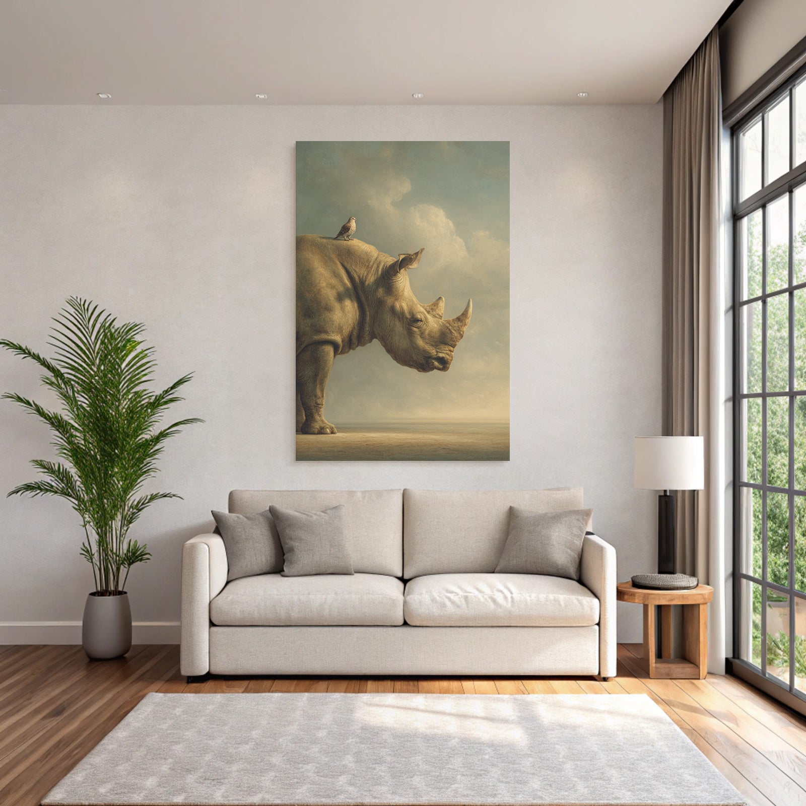 Nashorn Mit Vogel Im Himmel Künstlerischer Stil