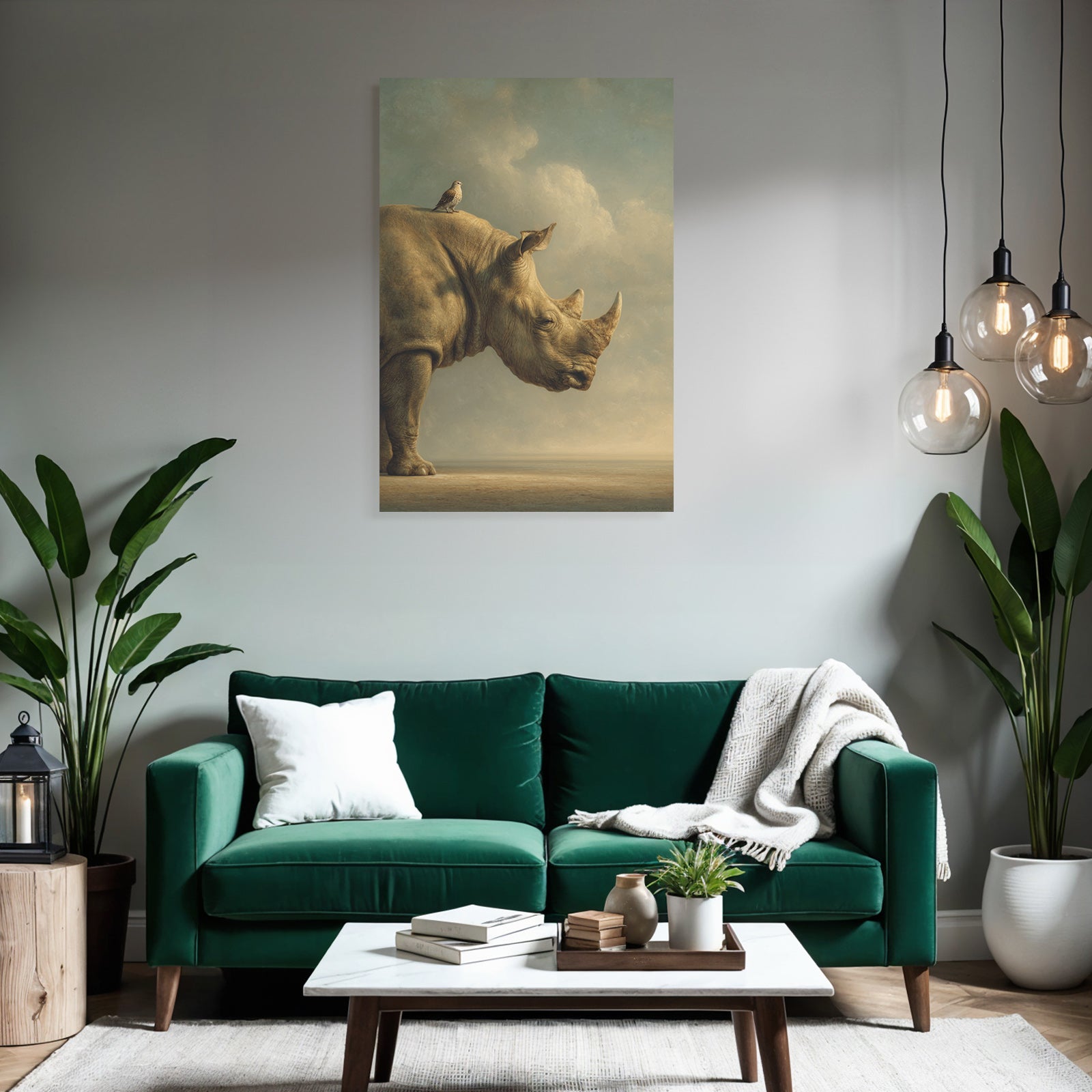 Nashorn Mit Vogel Im Himmel Künstlerischer Stil