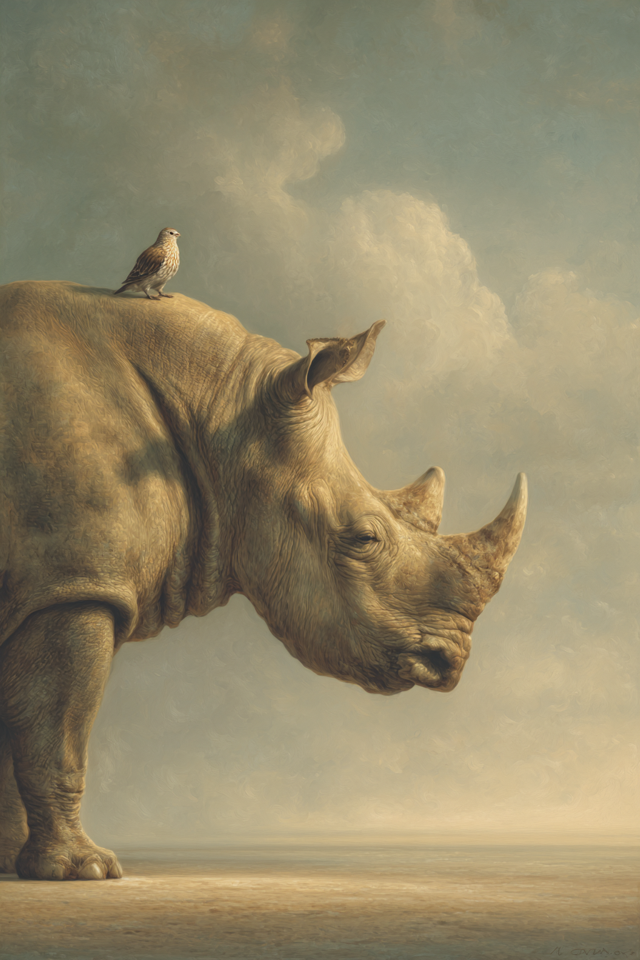 Nashorn Mit Vogel Im Himmel Künstlerischer Stil | Safari und Wildtiere | Tiere