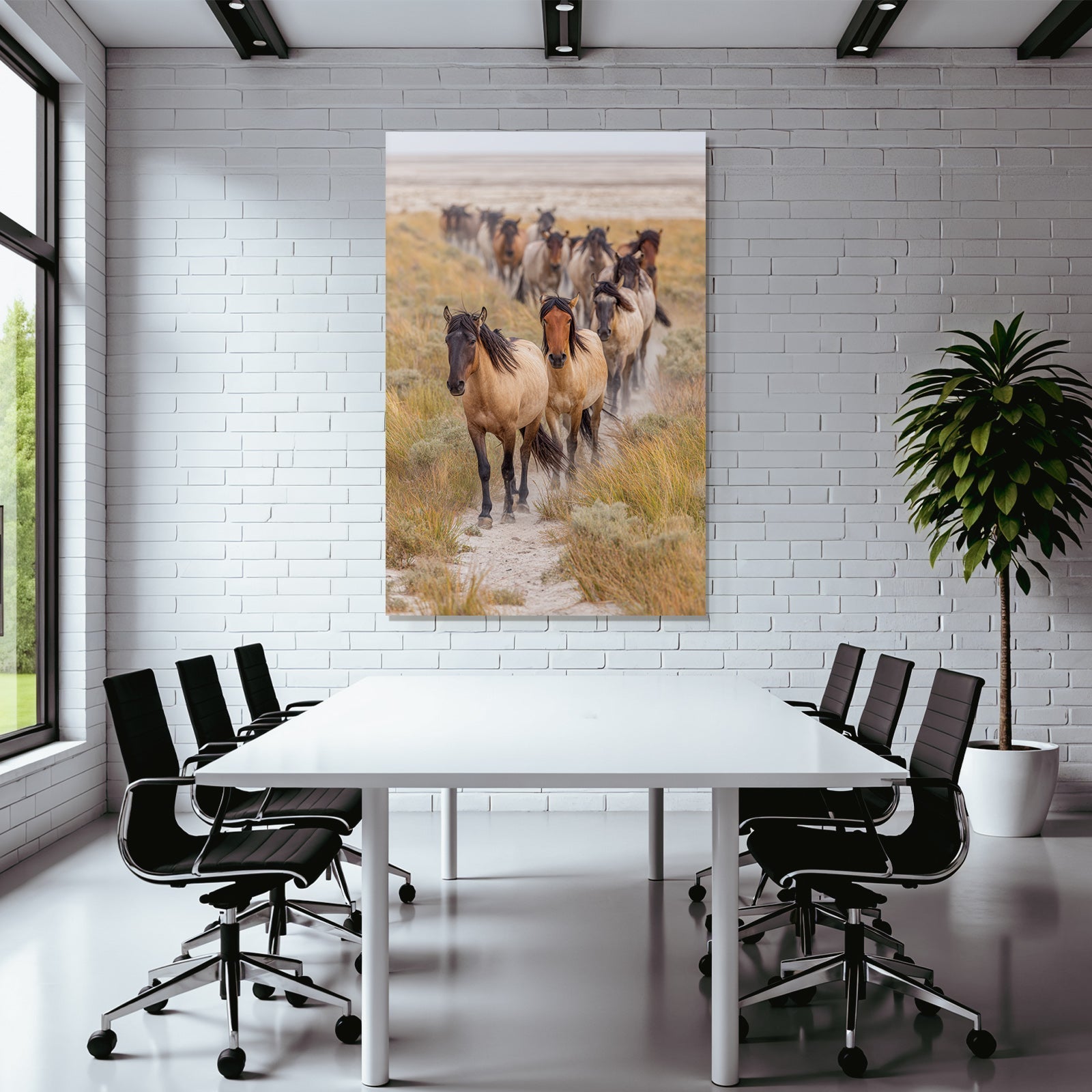 Pferde Auf Einem Weg In Einer Grasbewachsenen Landschaft