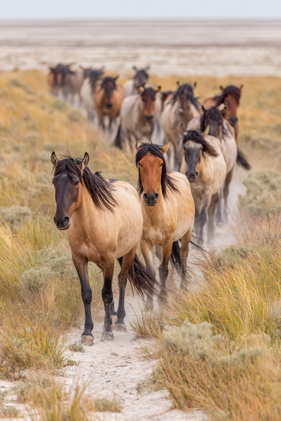 Pferde Auf Einem Weg In Einer Grasbewachsenen Landschaft | Safari und Wildtiere | Tiere