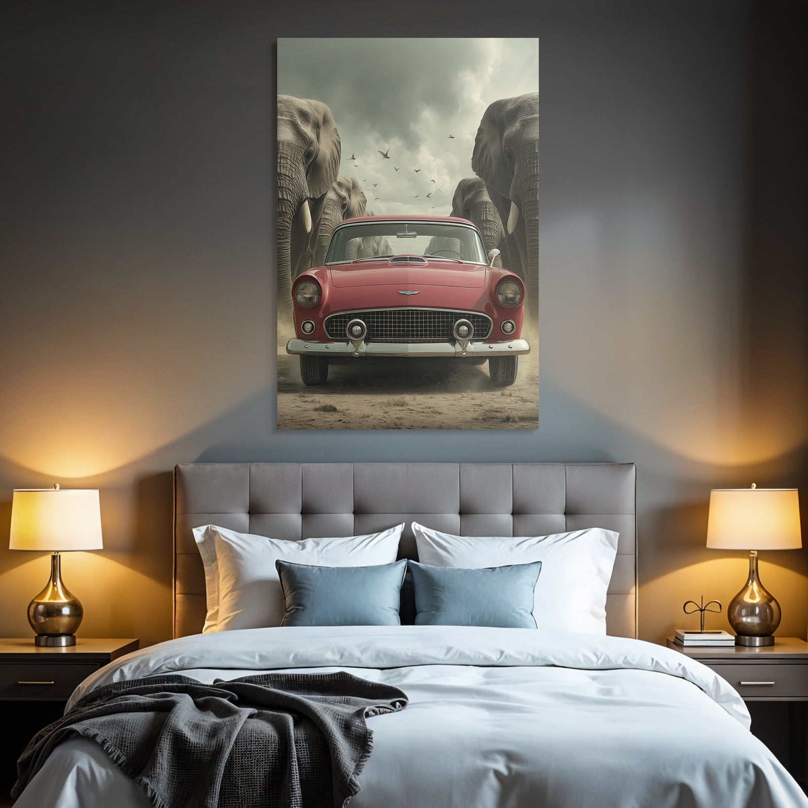 Rote Autos Elefanten Himmel Vintage Szene