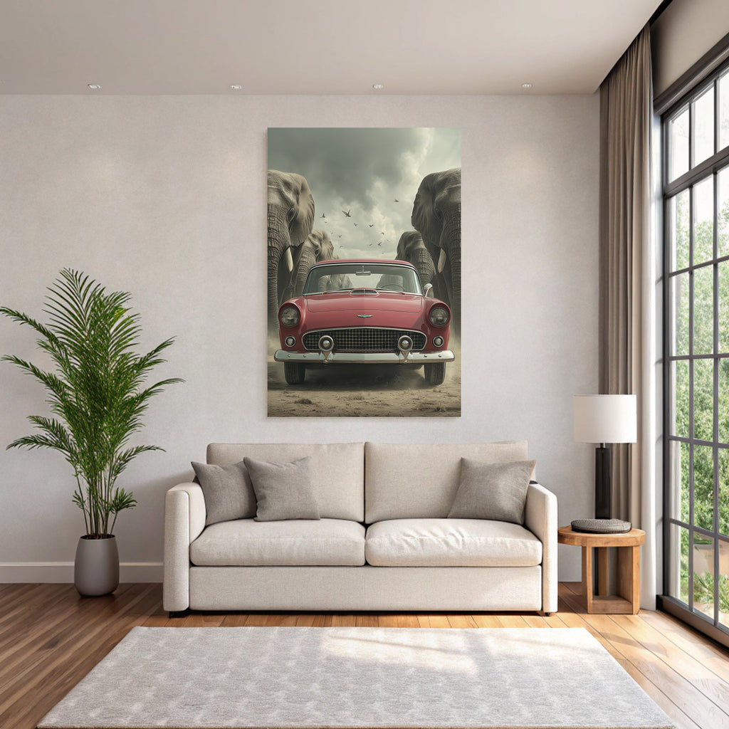 Rote Autos Elefanten Himmel Vintage Szene