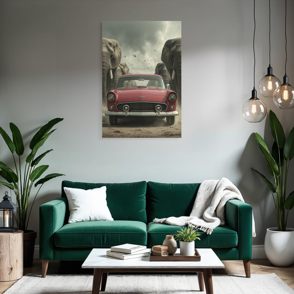 Rote Autos Elefanten Himmel Vintage Szene