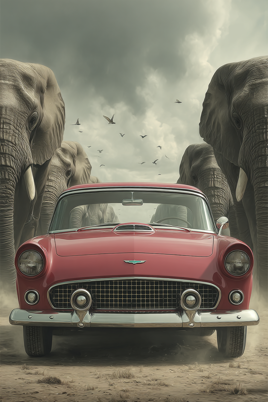 Rote Autos Elefanten Himmel Vintage Szene | Safari und Wildtiere | Tiere