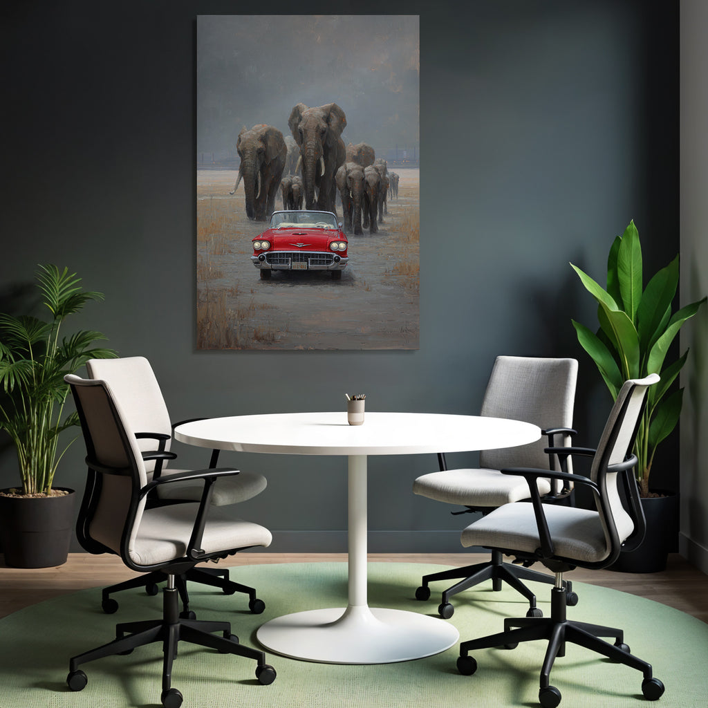 Rote Vintage Convertible Auto Mit Elephanten Im Hintergrund Misty Safari Szenario