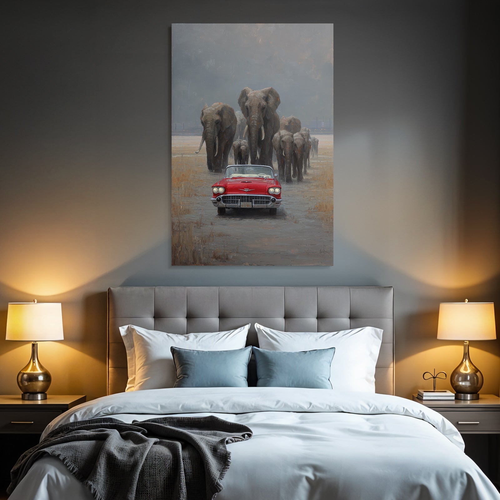 Rote Vintage Convertible Auto Mit Elephanten Im Hintergrund Misty Safari Szenario