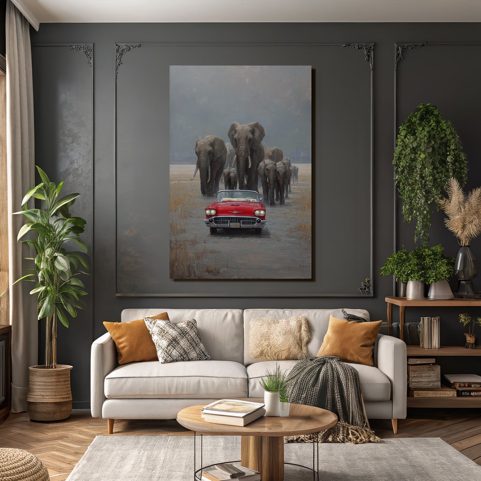 Rote Vintage Convertible Auto Mit Elephanten Im Hintergrund Misty Safari Szenario