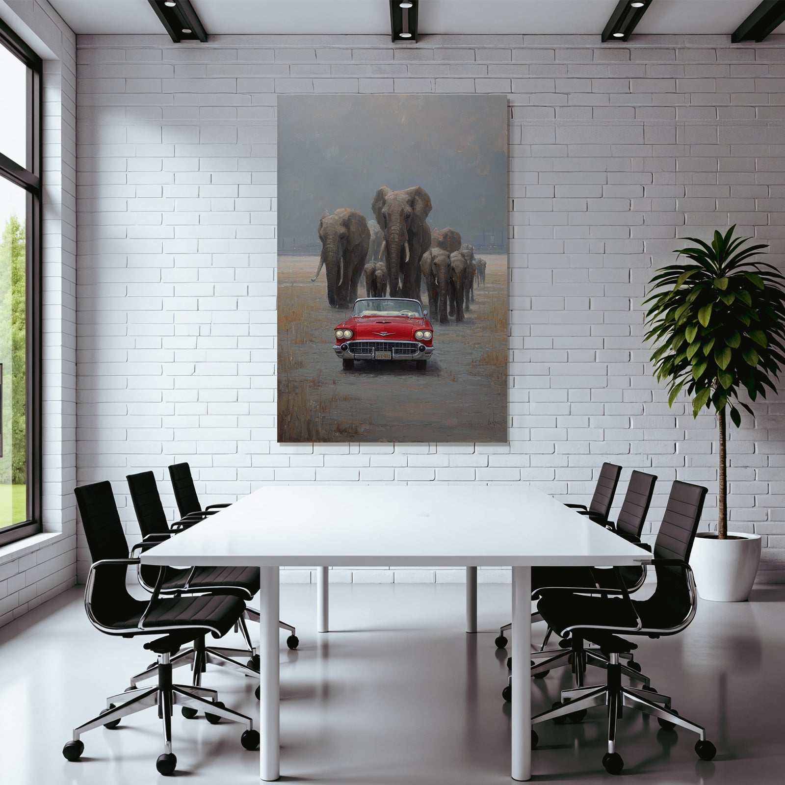 Rote Vintage Convertible Auto Mit Elephanten Im Hintergrund Misty Safari Szenario