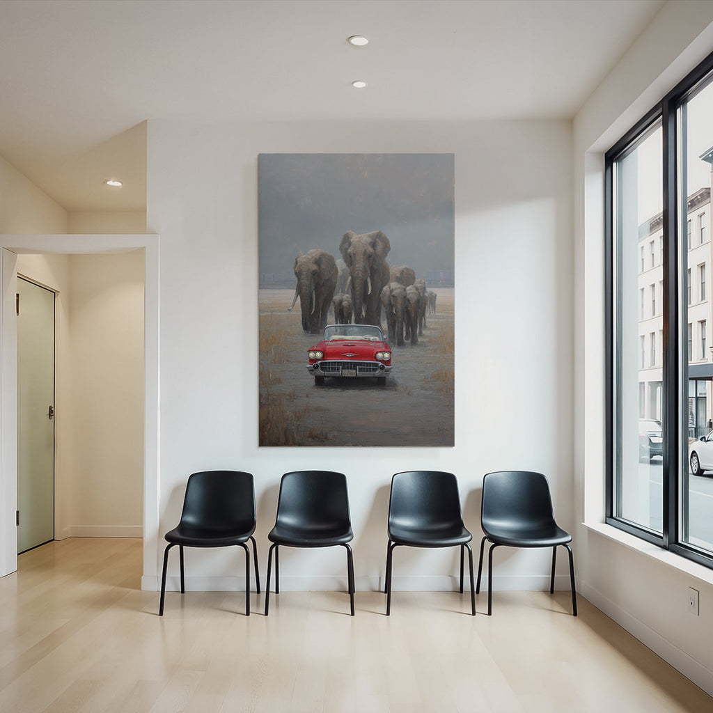Rote Vintage Convertible Auto Mit Elephanten Im Hintergrund Misty Safari Szenario