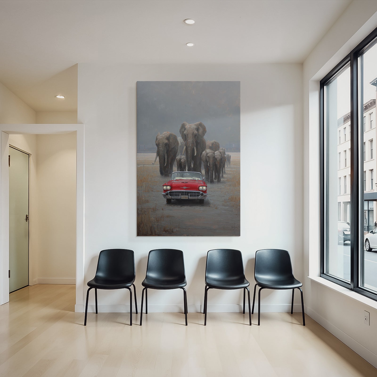 Rote Vintage Convertible Auto Mit Elephanten Im Hintergrund Misty Safari Szenario