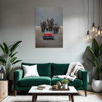 Rote Vintage Convertible Auto Mit Elephanten Im Hintergrund Misty Safari Szenario