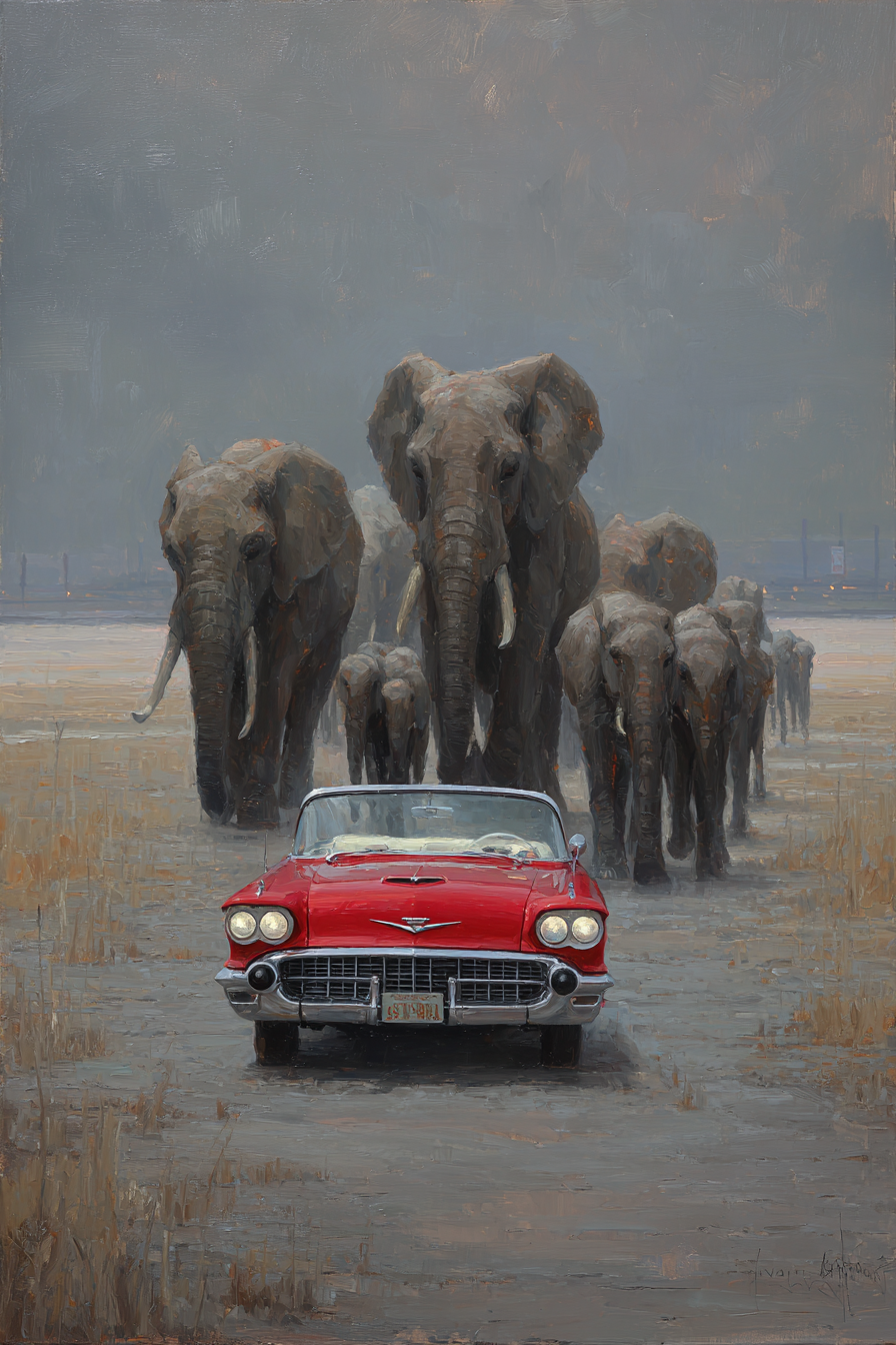 Rote Vintage Convertible Auto Mit Elephanten Im Hintergrund Misty Safari Szenario | Safari und Wildtiere | Tiere
