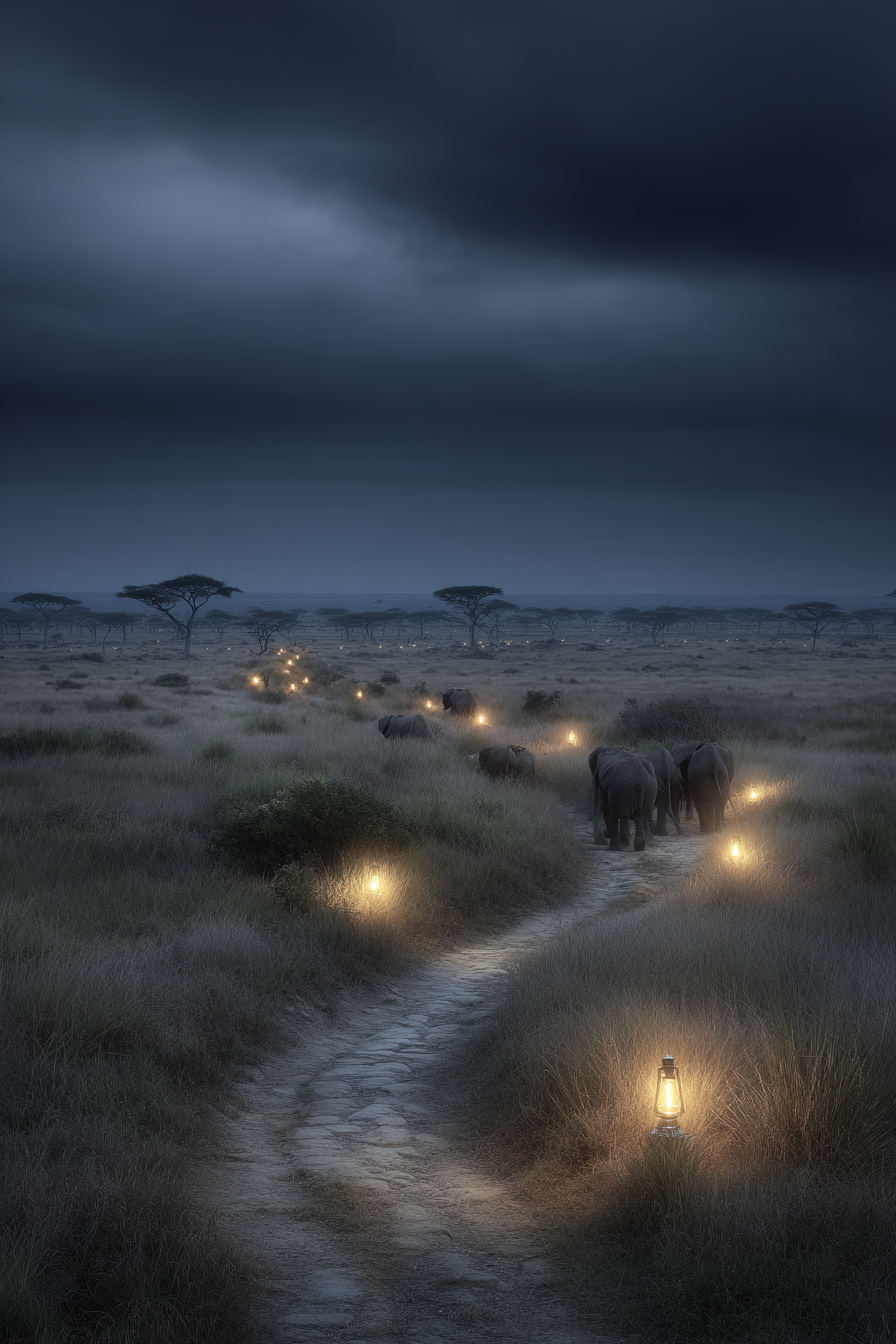 Ruhige Elefanten Unter Laternen Im Dämmerlicht | Safari und Wildtiere | Tiere