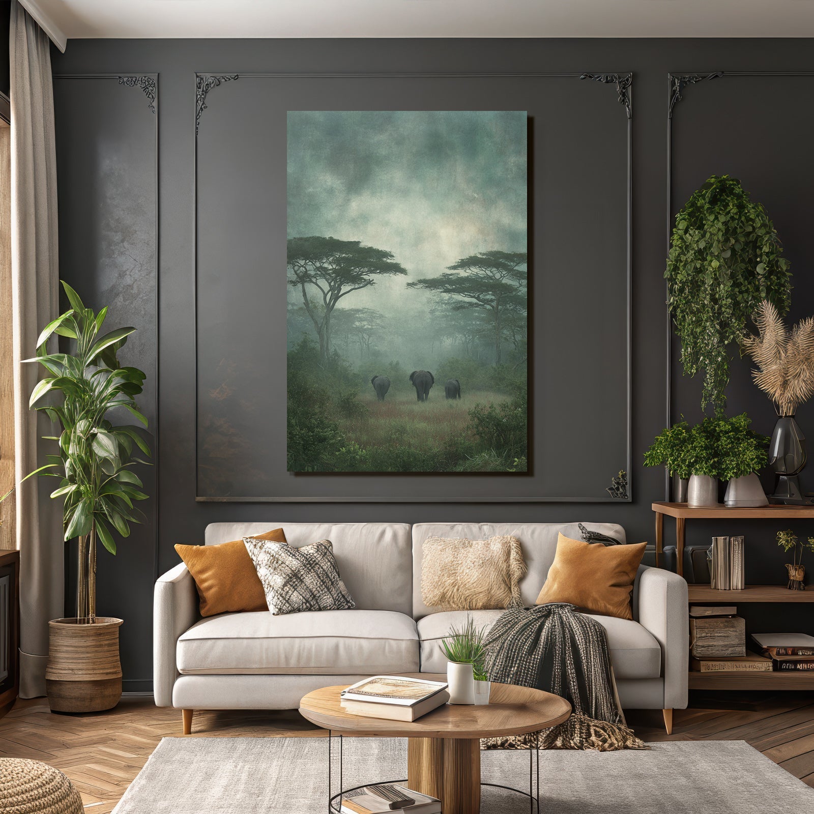Ruhige Elephanten Im Nebligen Landschaft