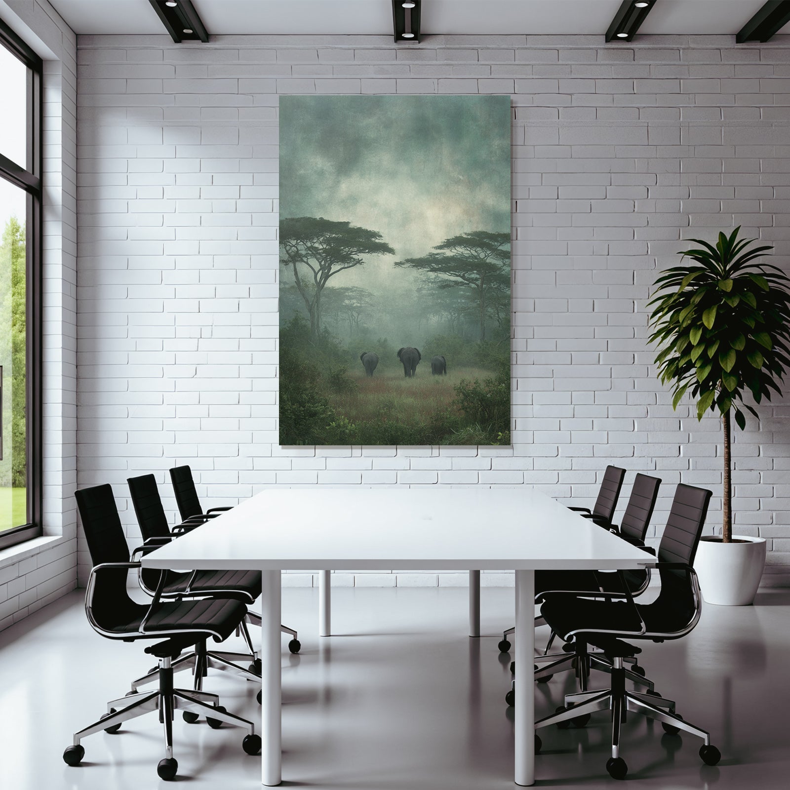 Ruhige Elephanten Im Nebligen Landschaft