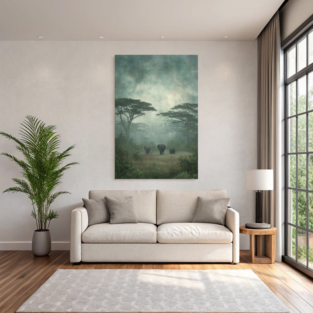 Ruhige Elephanten Im Nebligen Landschaft