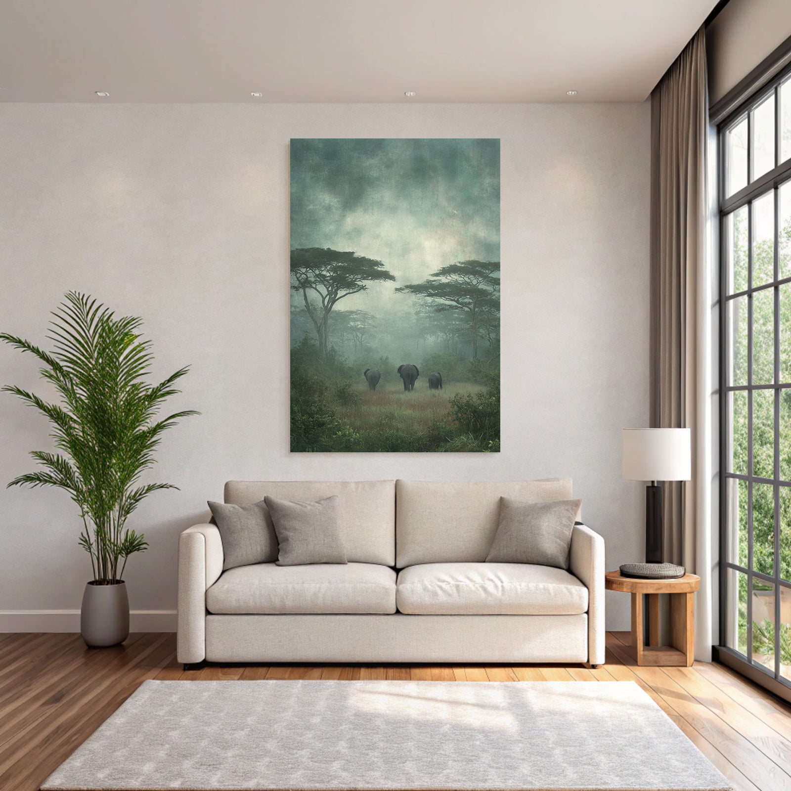 Ruhige Elephanten Im Nebligen Landschaft