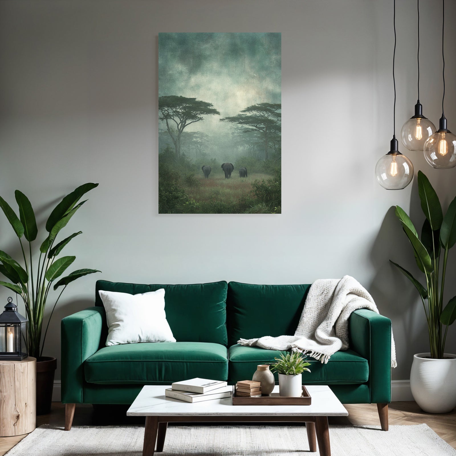 Ruhige Elephanten Im Nebligen Landschaft