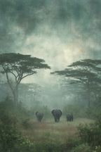 Ruhige Elephanten Im Nebligen Landschaft | Safari und Wildtiere | Tiere
