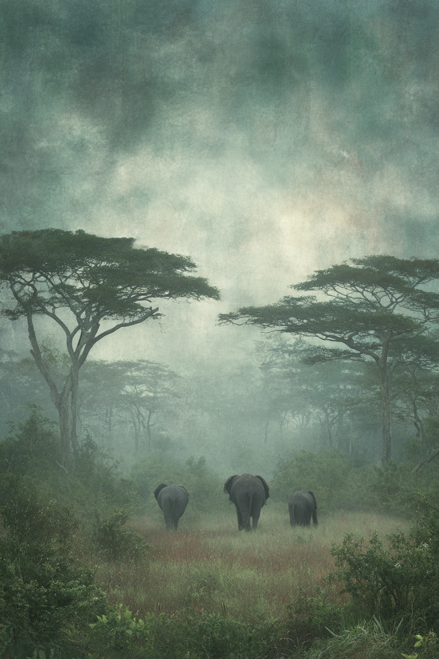 Ruhige Elephanten Im Nebligen Landschaft | Safari und Wildtiere | Tiere