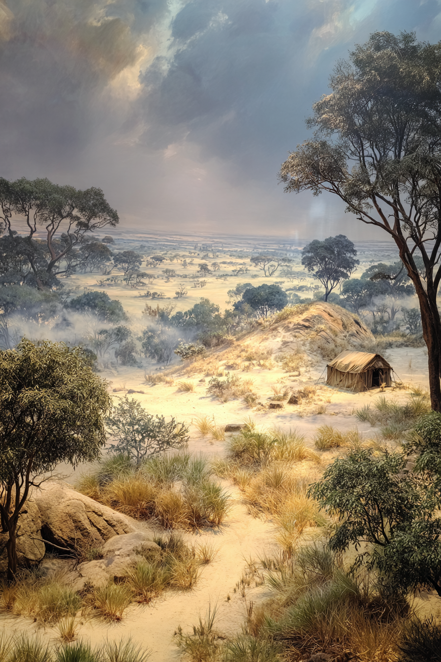 Scenic Landschaft Auf Dem Feld Mit Bäumen Und Zelt | Safari und Wildtiere | Tiere