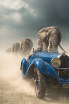 Vintage Blaür Auto Mit Elefanten Im Staubigen Umfeld Unter Einem Dramatischen Himmel | Safari und Wildtiere | Tiere