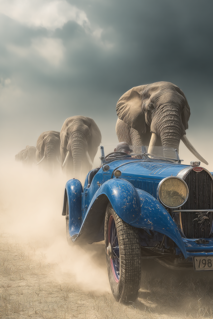 Vintage Blaür Auto Mit Elefanten Im Staubigen Umfeld Unter Einem Dramatischen Himmel | Safari und Wildtiere | Tiere