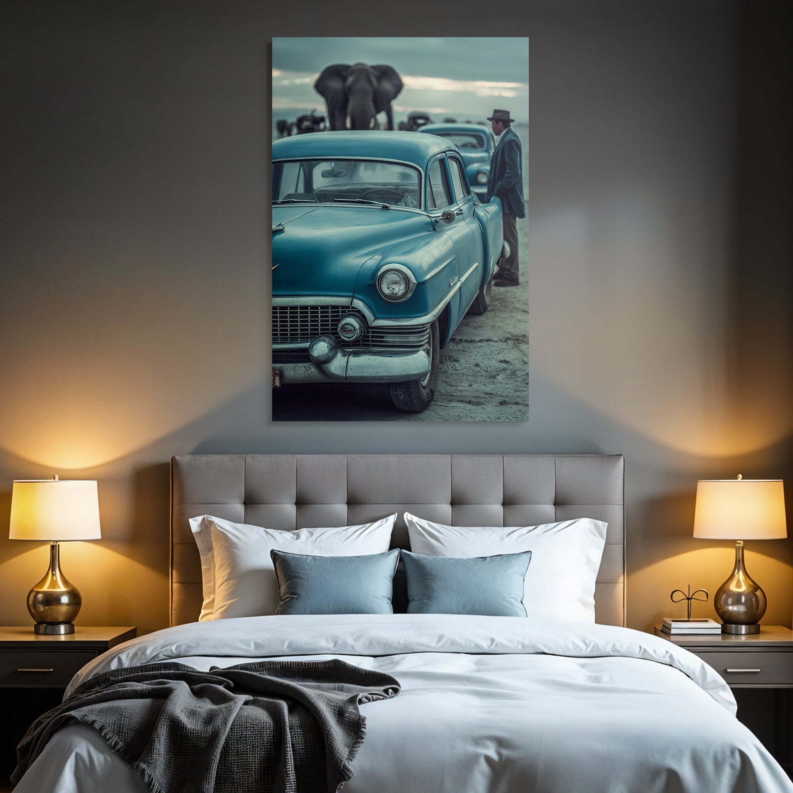 Vintage Blaüs Auto Mit Einem Elefant Im Hintergrund