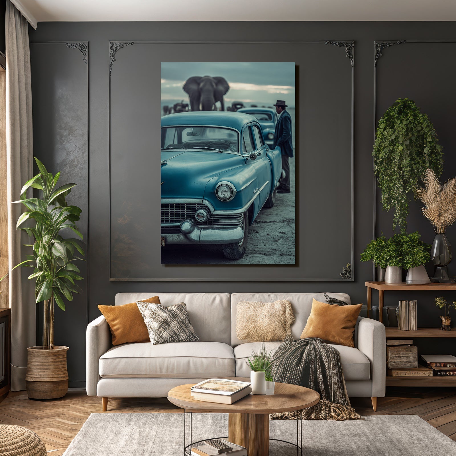 Vintage Blaüs Auto Mit Einem Elefant Im Hintergrund