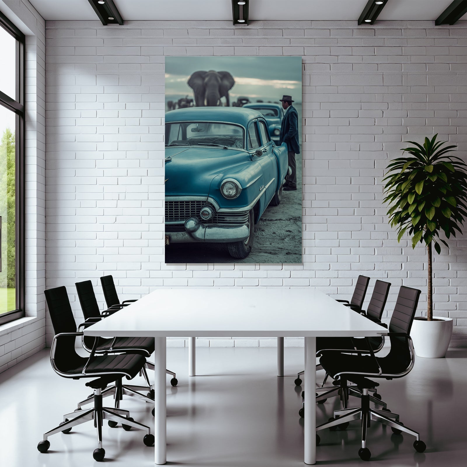 Vintage Blaüs Auto Mit Einem Elefant Im Hintergrund