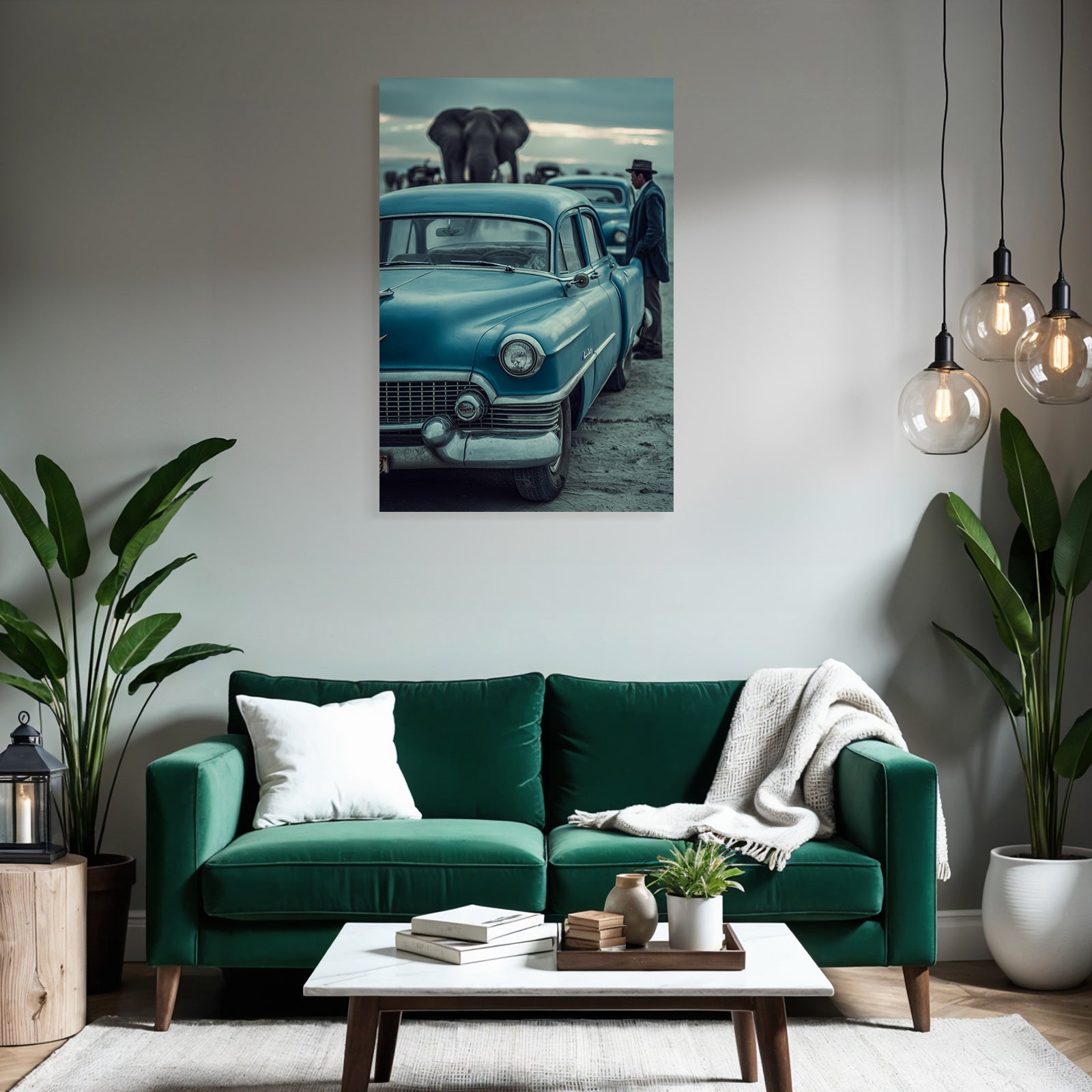 Vintage Blaüs Auto Mit Einem Elefant Im Hintergrund