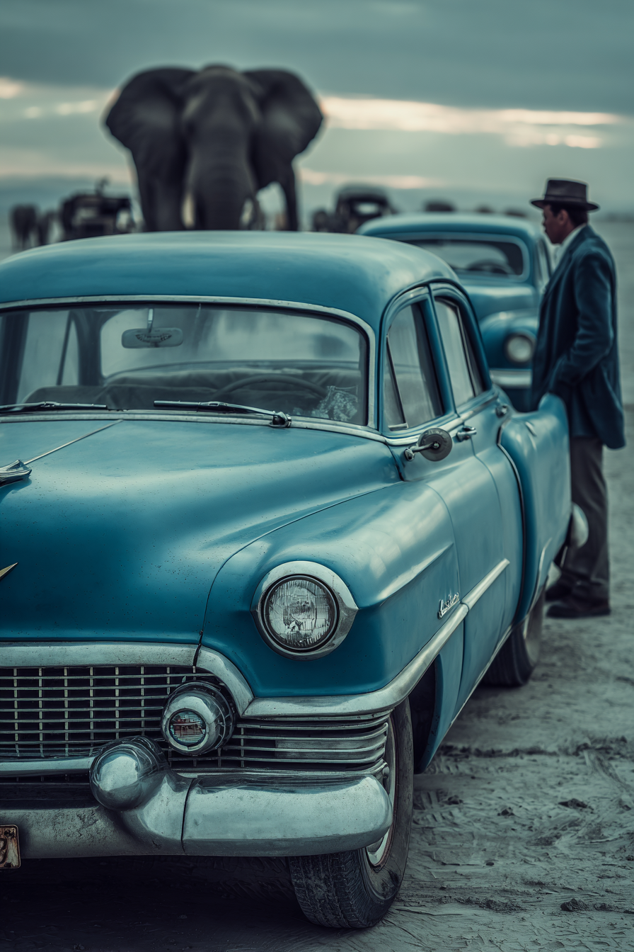Vintage Blaüs Auto Mit Einem Elefant Im Hintergrund | Safari und Wildtiere | Tiere
