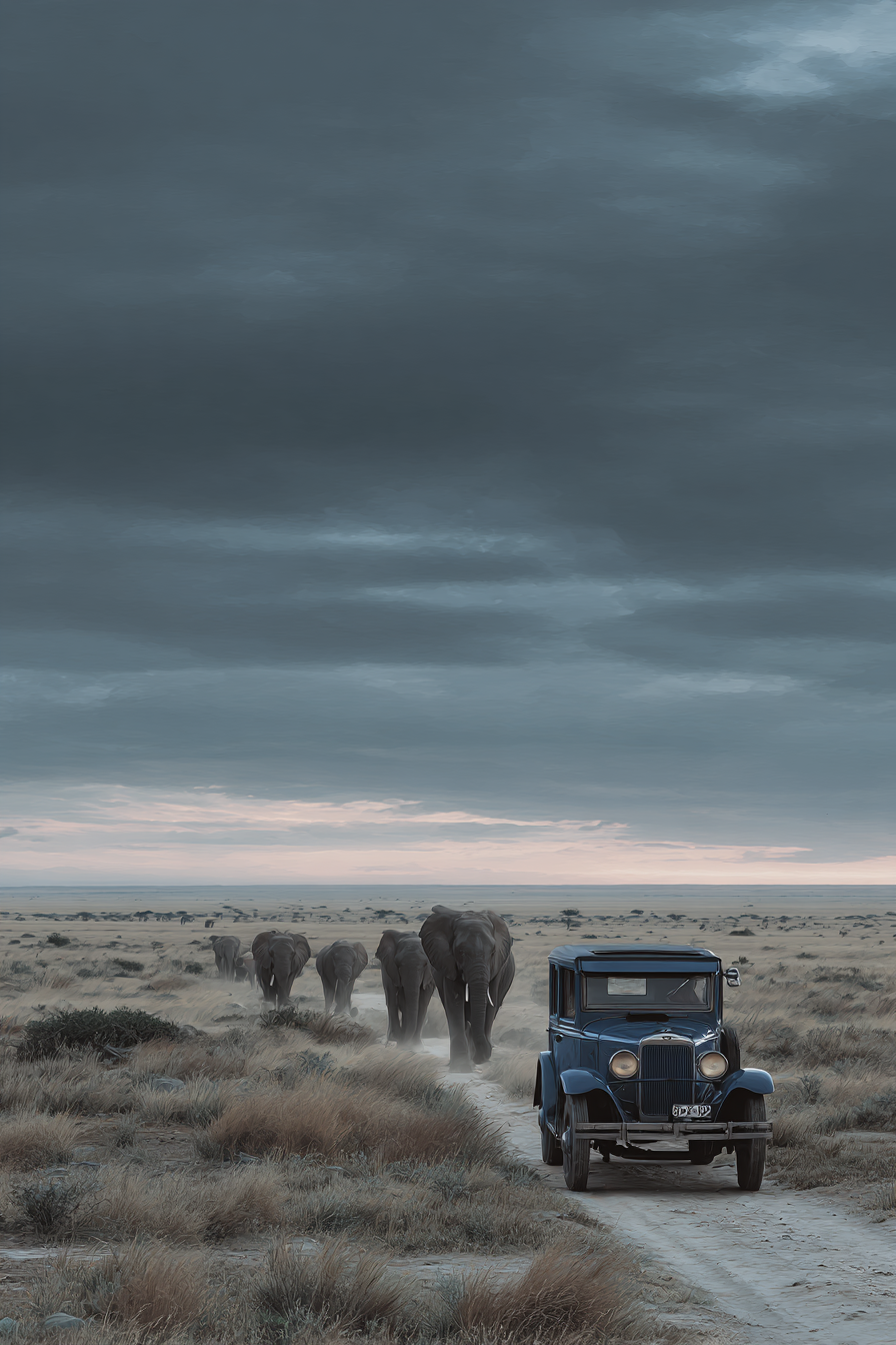 Vintage Blauto Mit Elephanten Auf Dirt Path Im Grassland Mit Übercast Sky | Safari und Wildtiere | Tiere
