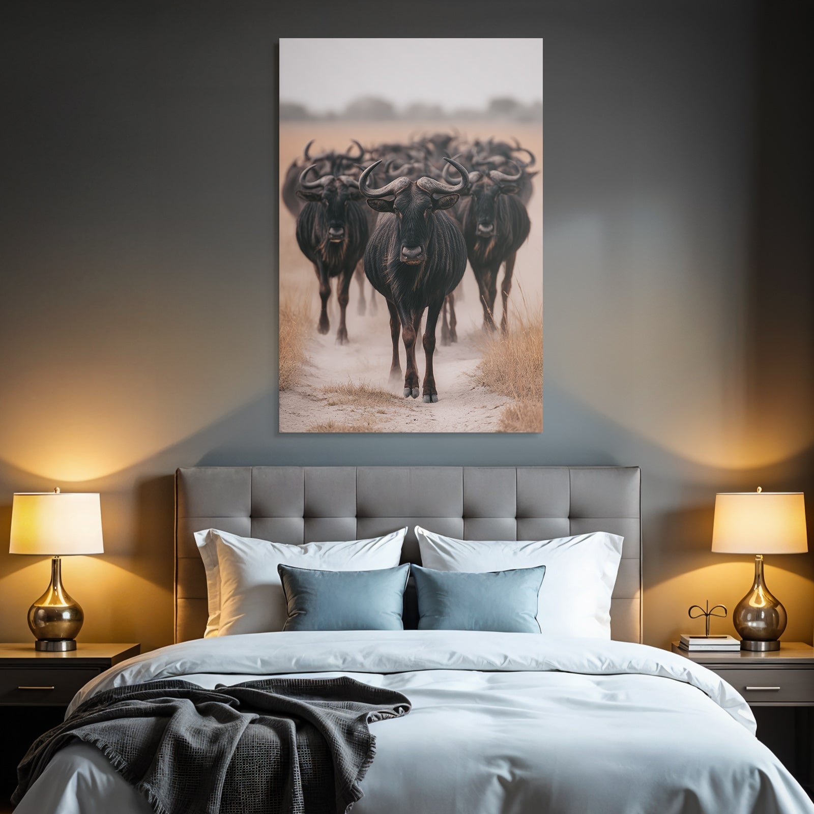 Wildebeests Im Grasland Mit Gekrümmten Hörnern