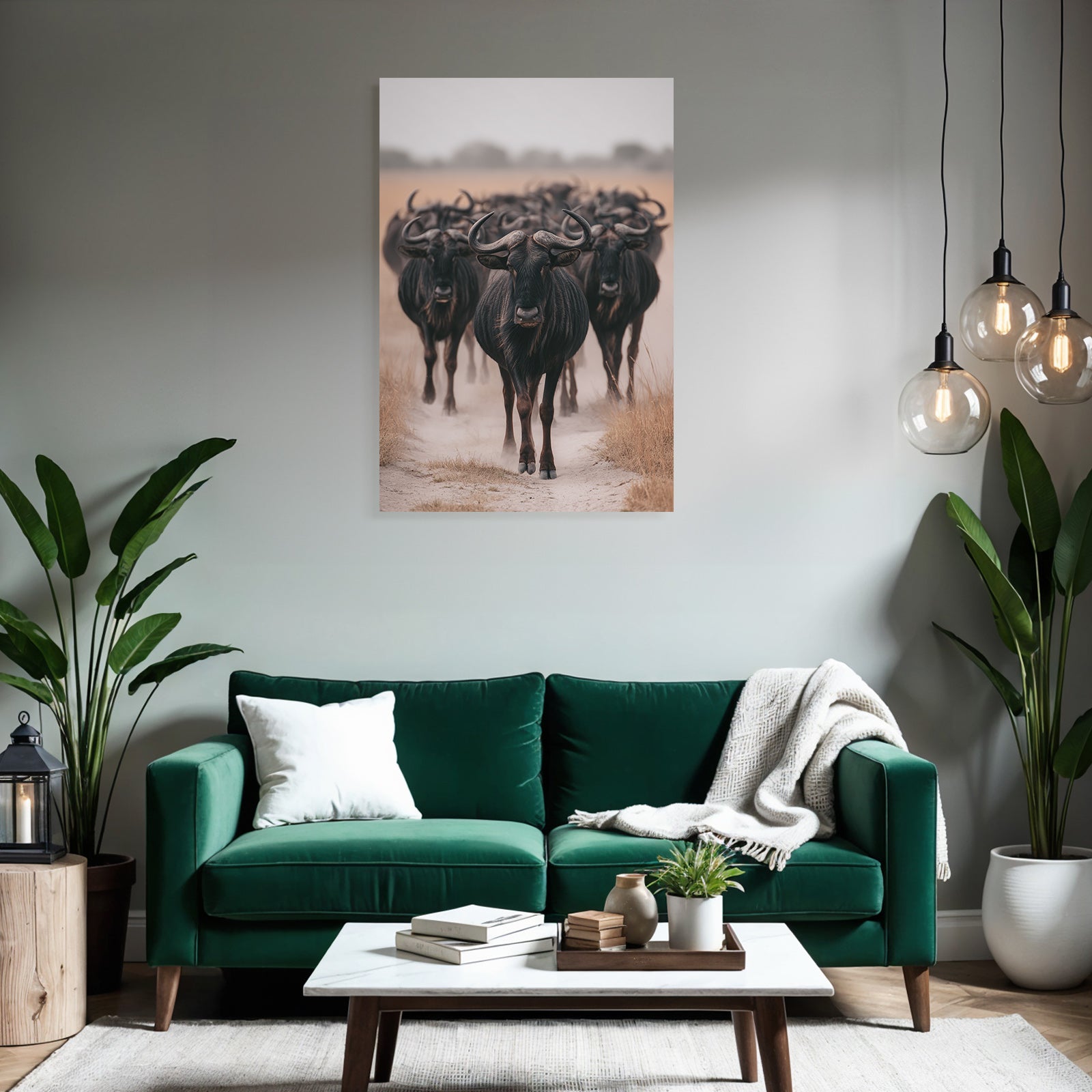 Wildebeests Im Grasland Mit Gekrümmten Hörnern