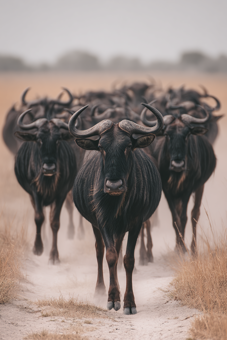 Wildebeests Im Grasland Mit Gekrümmten Hörnern | Safari und Wildtiere | Tiere