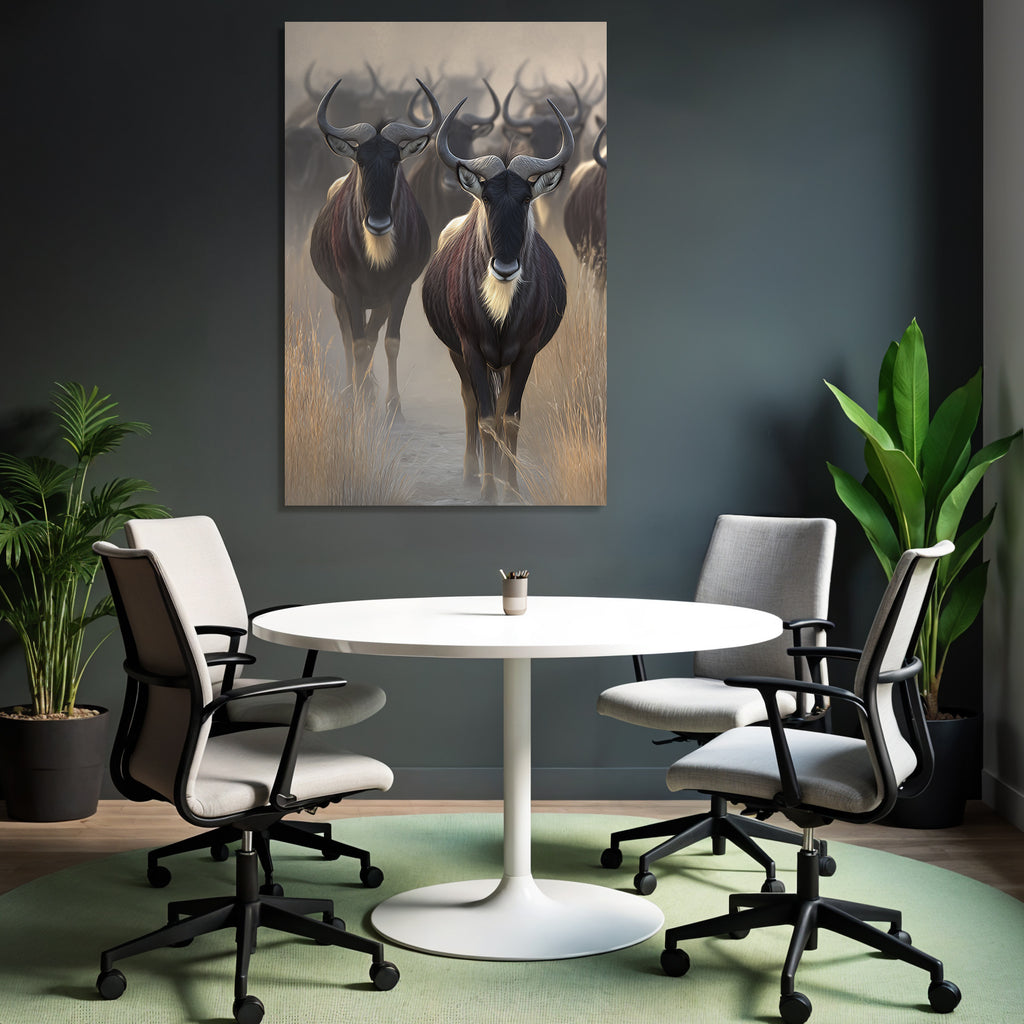 Wildebeests In Natur Setting Misty African Savanna